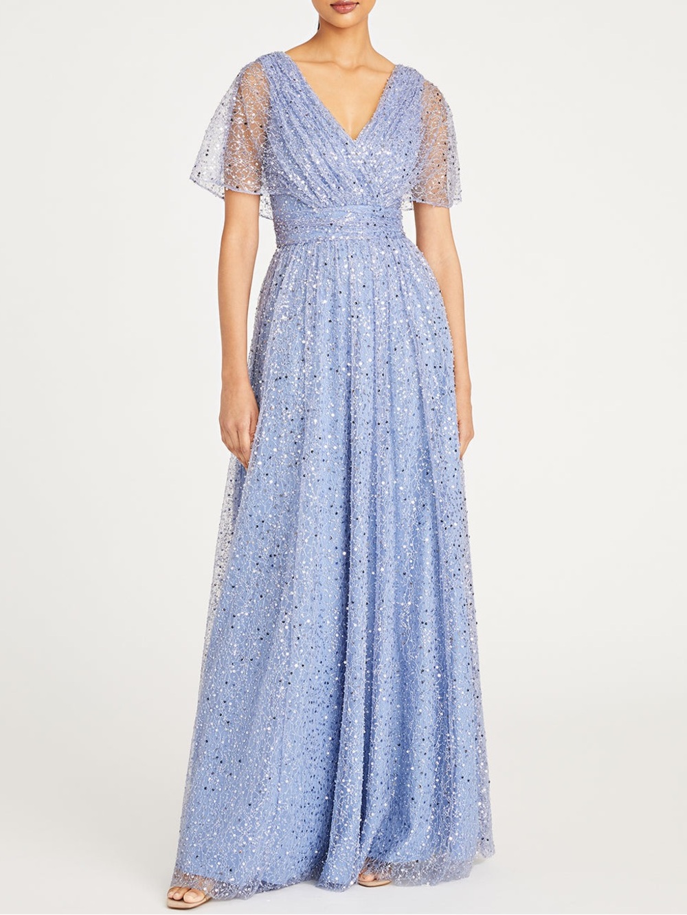 NWT Theia Sabine V Neck Beaded Sequin Gown Maxi Dress Slate Sz 2